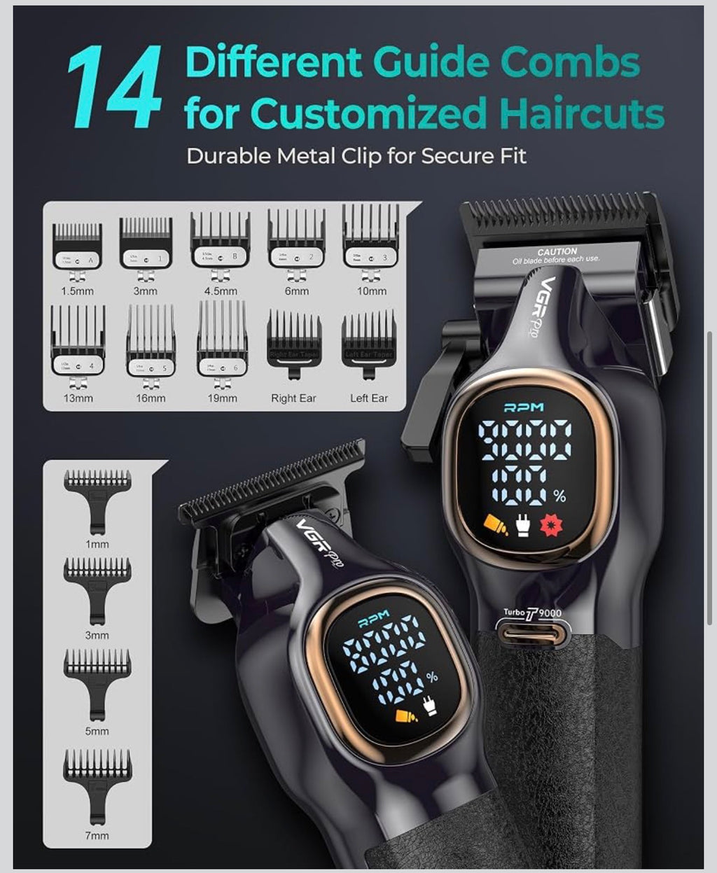 VGR V-886 S2 Professionelles kabelloses Haarschneidemaschinen-/Trimmer-Set mit LED-Anzeige – Pink oder Schwarz