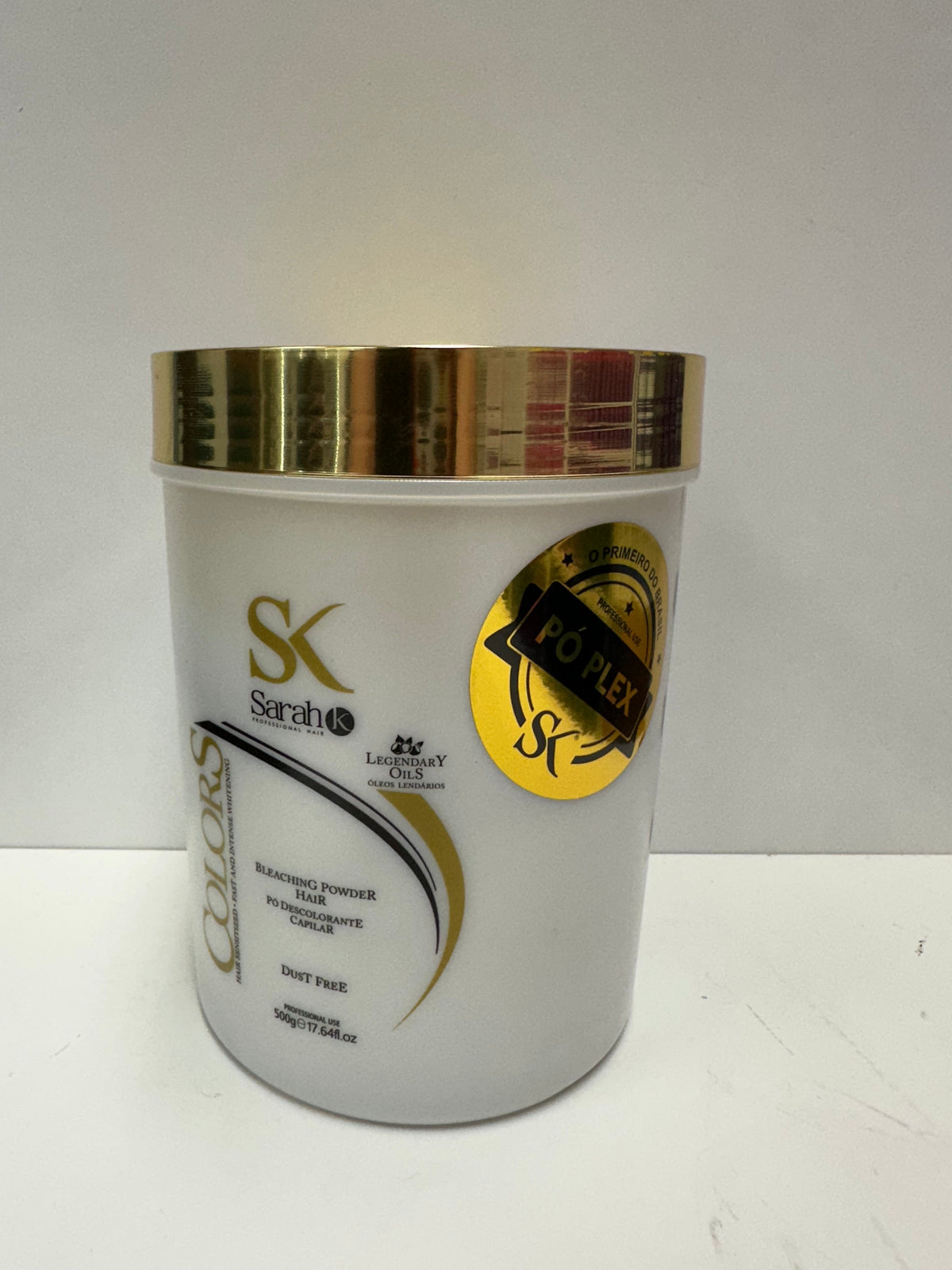 SK Colors Pó Plex Bleaching Powder 500g — side view showing Legendary Oils and Dust Free labels