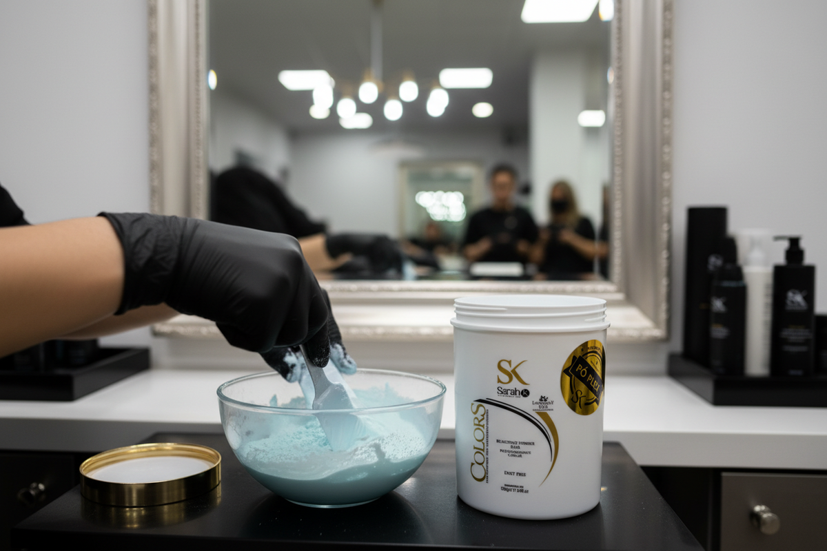 Colorist mixing blue bleach powder