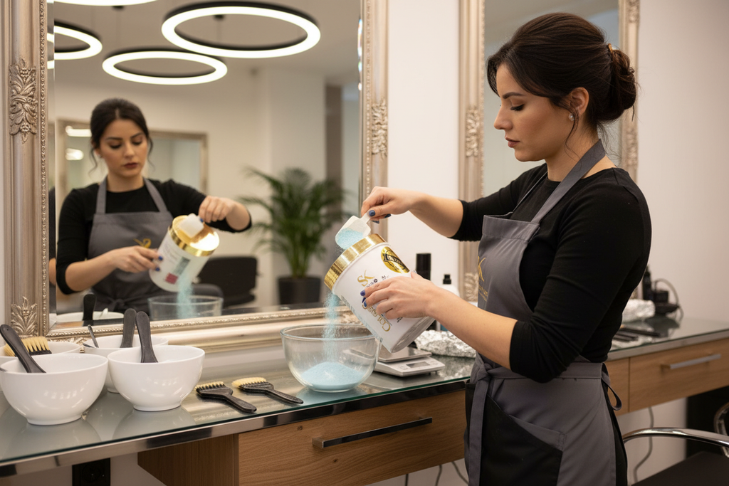 Colorist scooping blue bleach powder