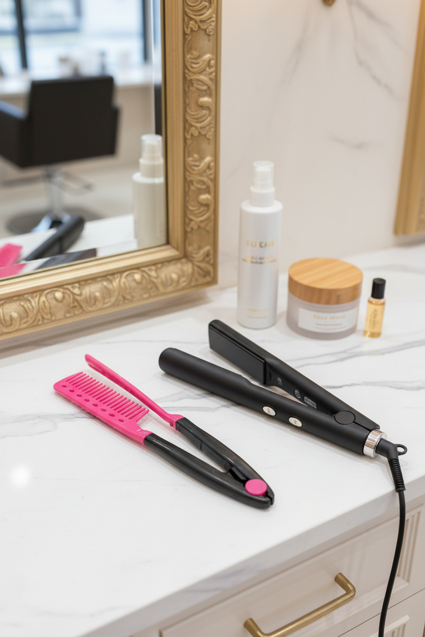 Comb guide on marble salon vanity