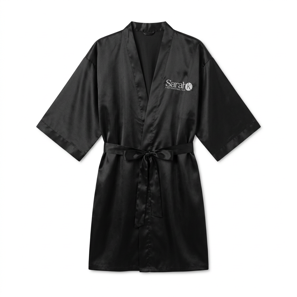 Front view of Sarah K salon robe on white
