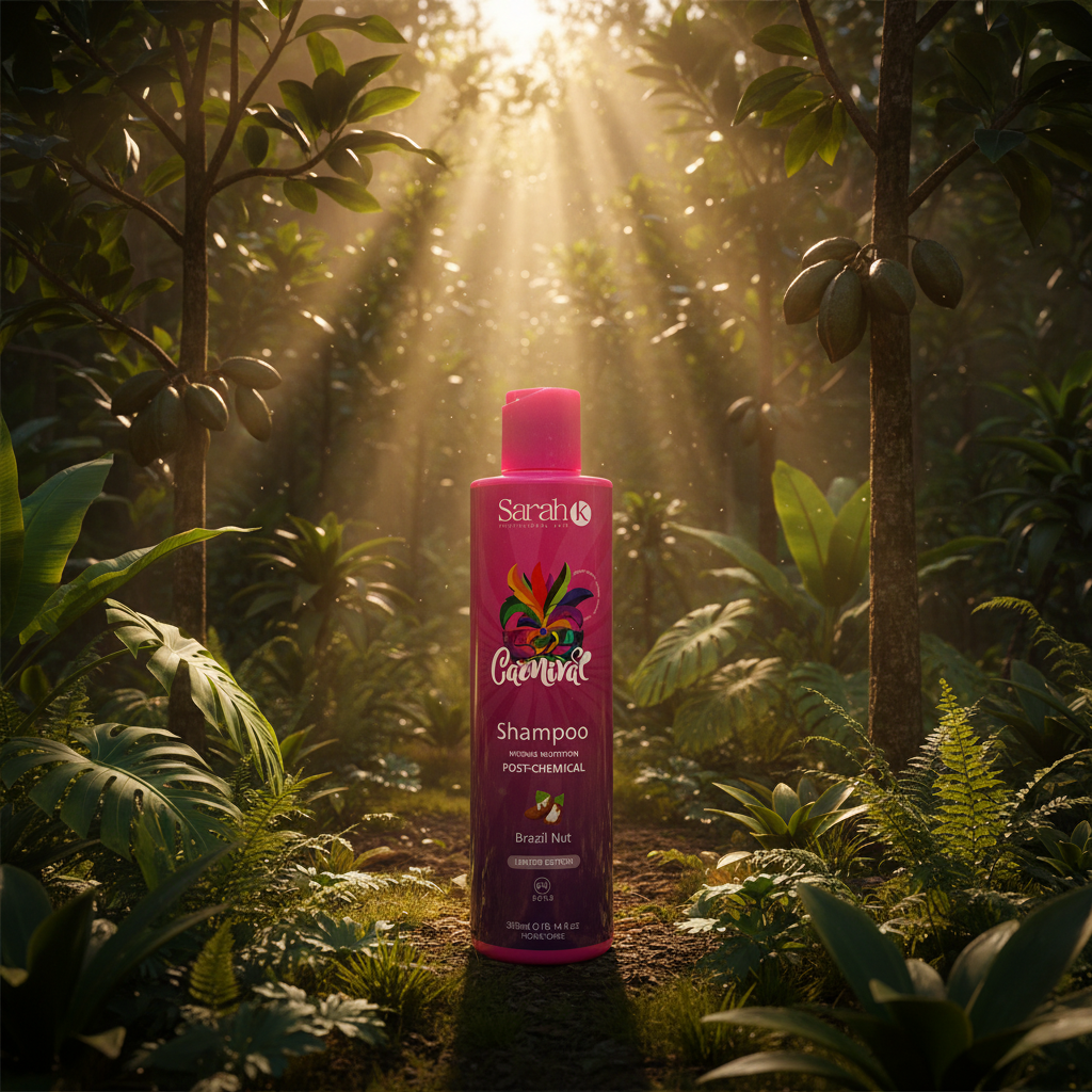 Sarah K Carnival Shampoo 300ml with tropical rainforest background