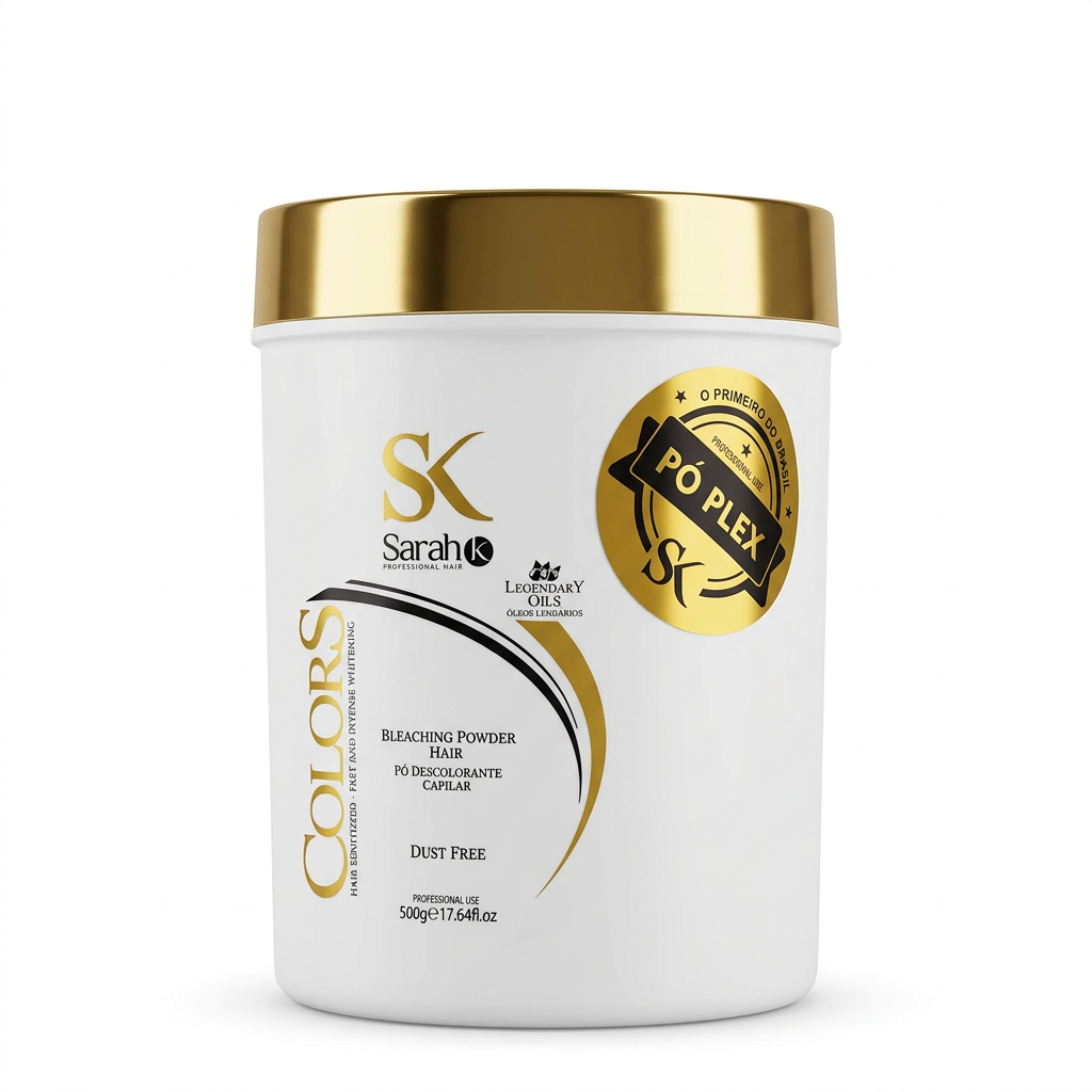 SK Colors Pó Plex bleaching powder white jar with gold lid on white background