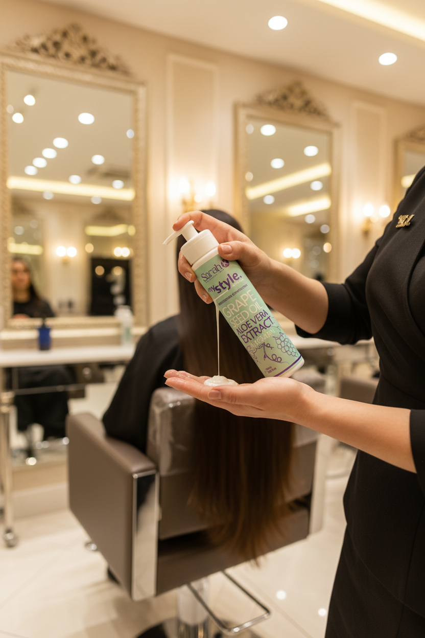 Professional stylist applying Sarah K conditioner to client hair in luxury salon