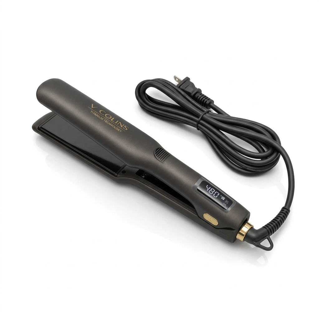 V Colins titanium flat iron with coiled cord on white background
