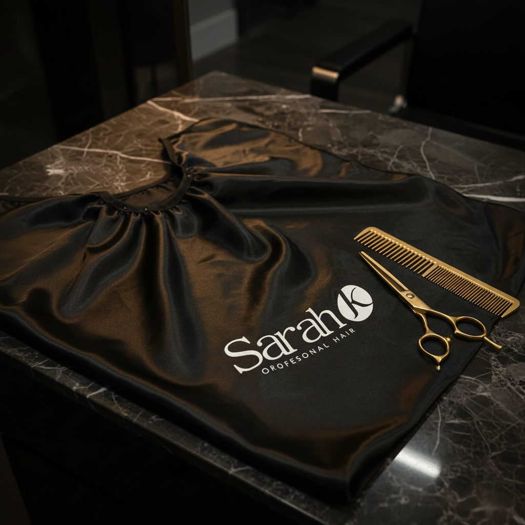 V Colins Salon Cape elegant flat lay on dark marble