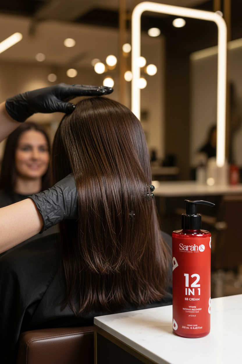 Colorist applying Sarah K BB Cream to client hair in high-end salon