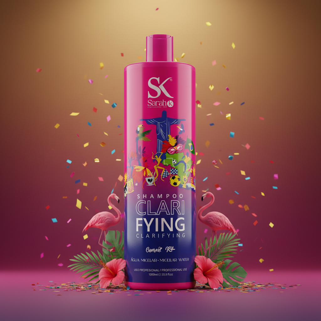 Sarah K Clarifying Shampoo with vibrant carnival background