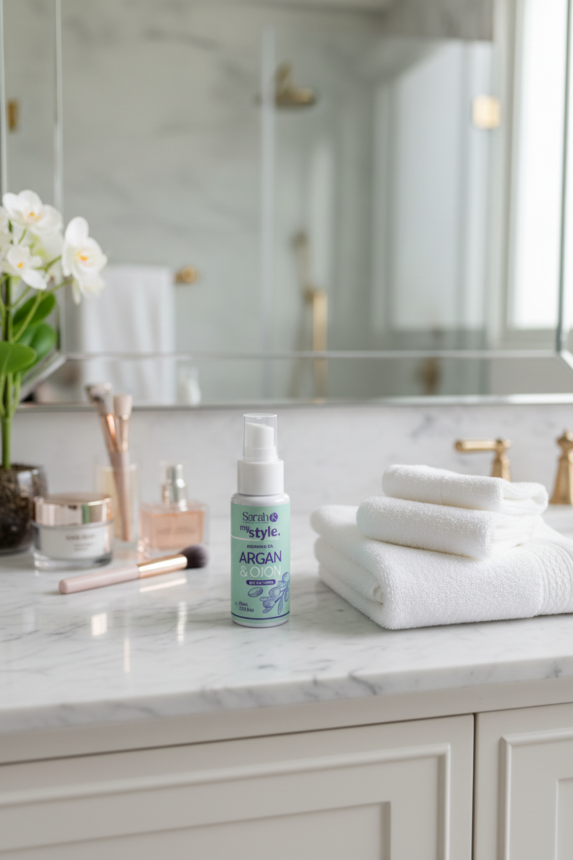 Sarah K My Style Argan & Ojon oil on luxury home bathroom marble vanity