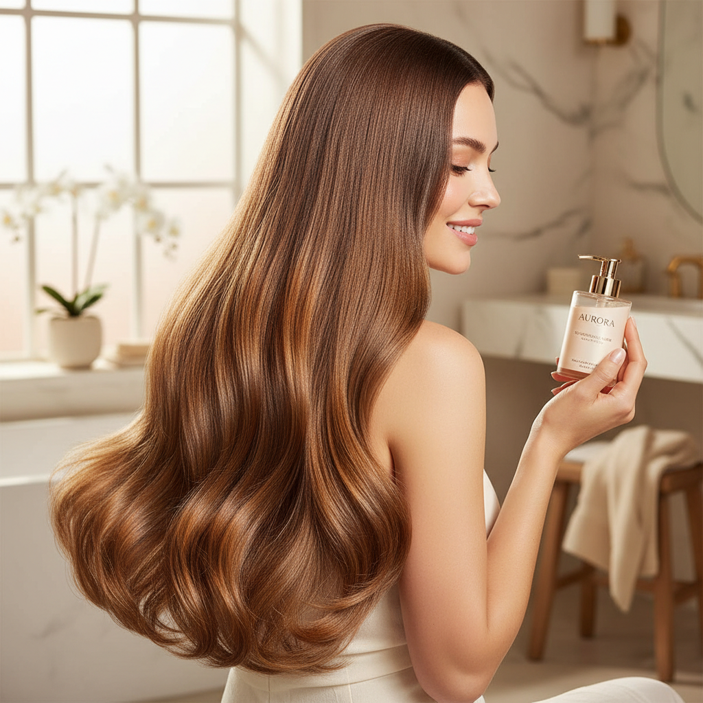 Woman with long shiny healthy hair after using Sarah K Carnival Shampoo