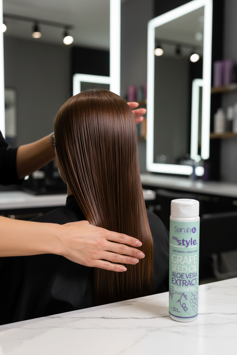 Close-up of colorist working Sarah K conditioner through client hair in salon