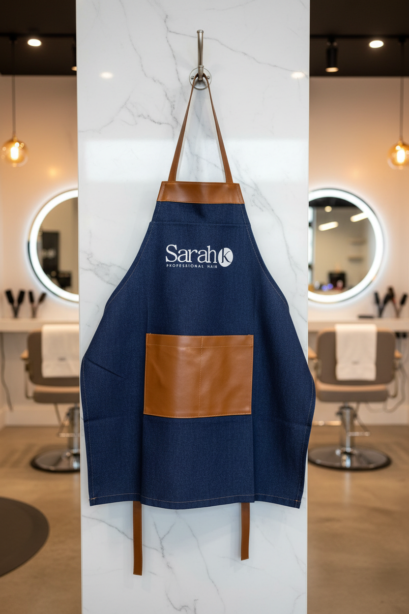 Sarah K Blue Jean Apron hanging on salon vanity