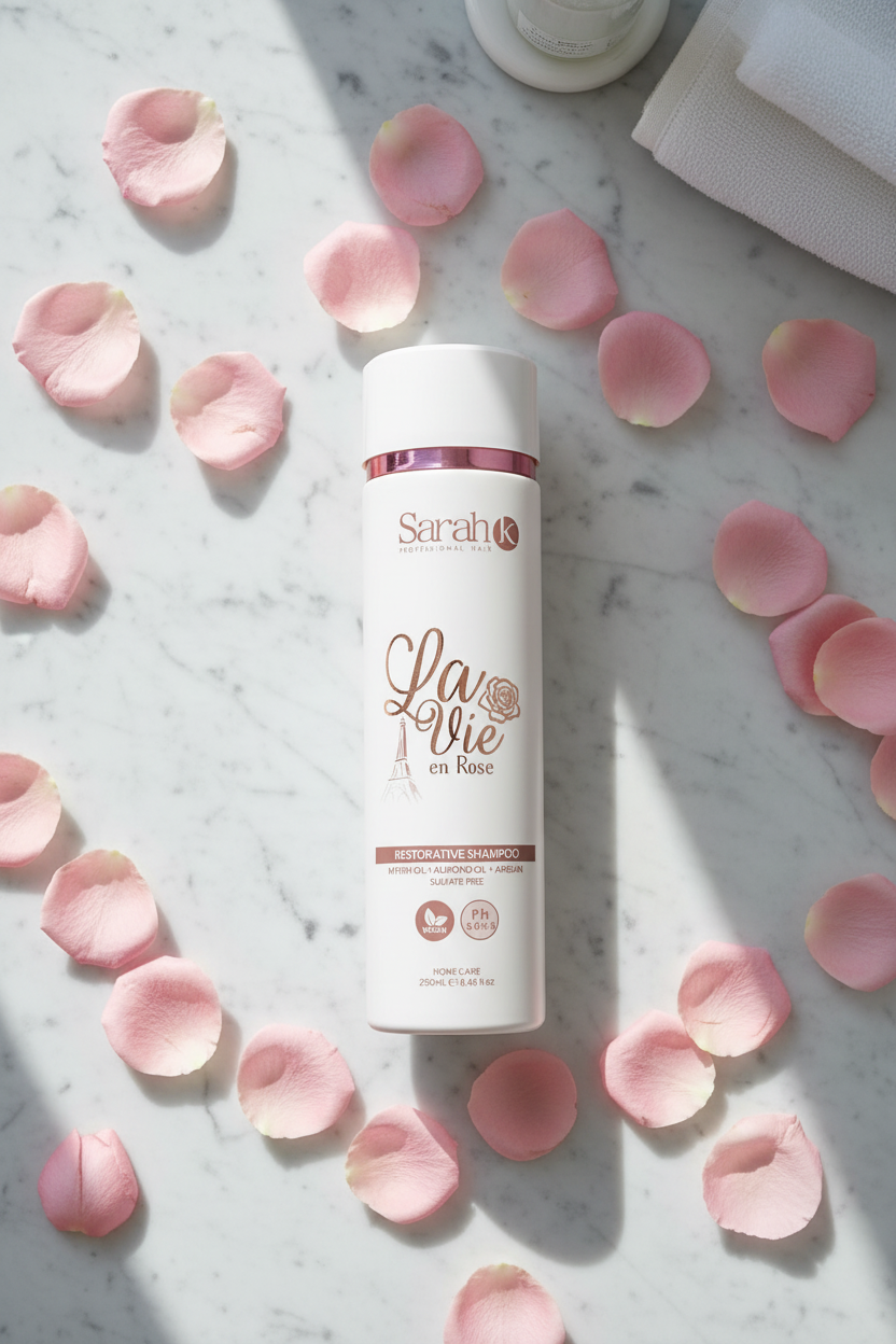 Sarah K La Vie en Rose Shampoo flat lay with rose petals at home