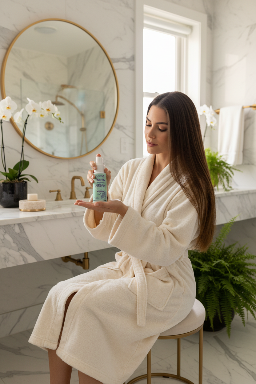 Elegant woman applying Sarah K Argan & Ojon oil at home in luxury bathroom
