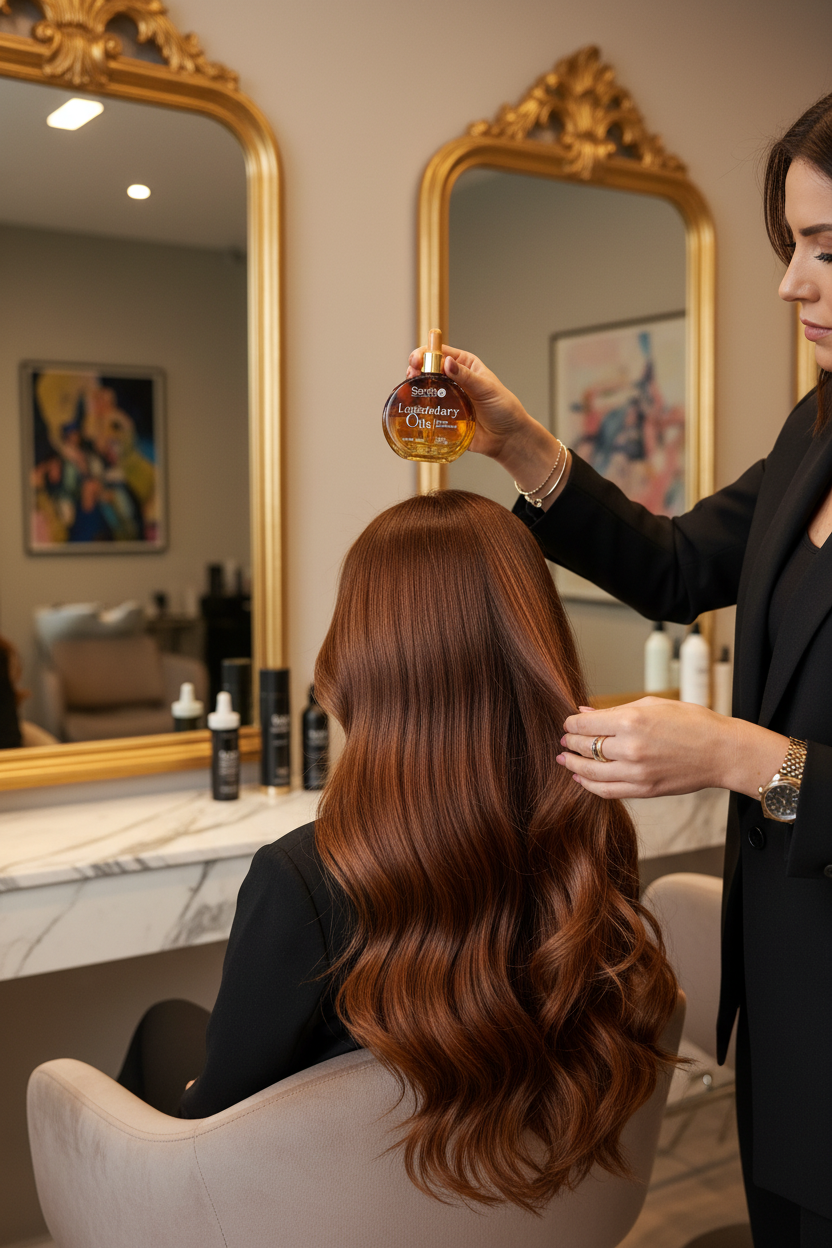 Professional stylist applying Sarah K Legendary Oils to client hair in luxury salon