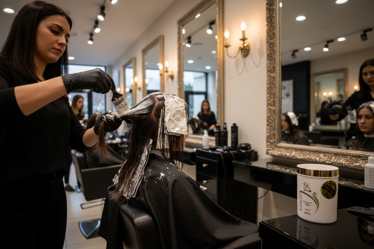 Colorist applying bleach to client's hair with SK Colors tub visible on salon station
