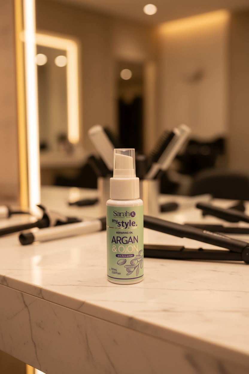 Sarah K My Style Argan & Ojon oil on marble salon station in luxury salon