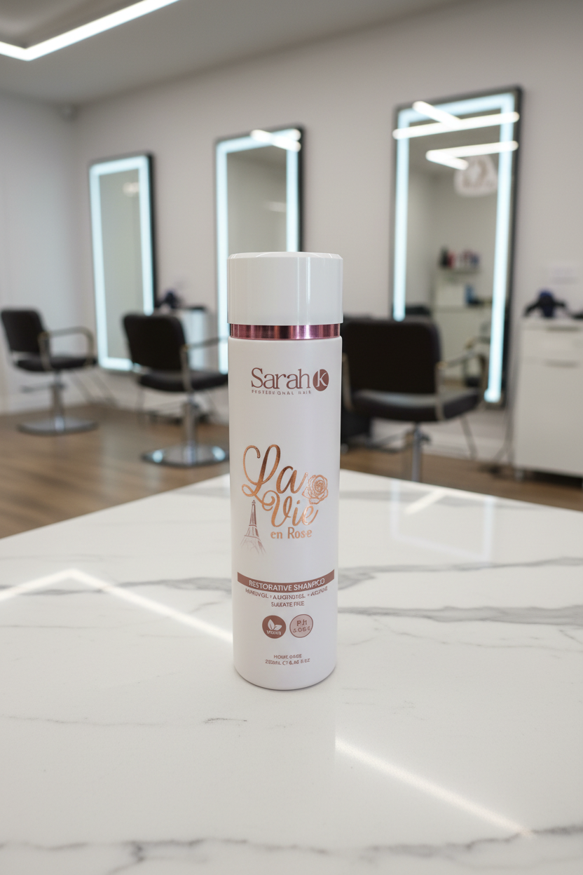 Sarah K La Vie en Rose Shampoo on salon marble countertop