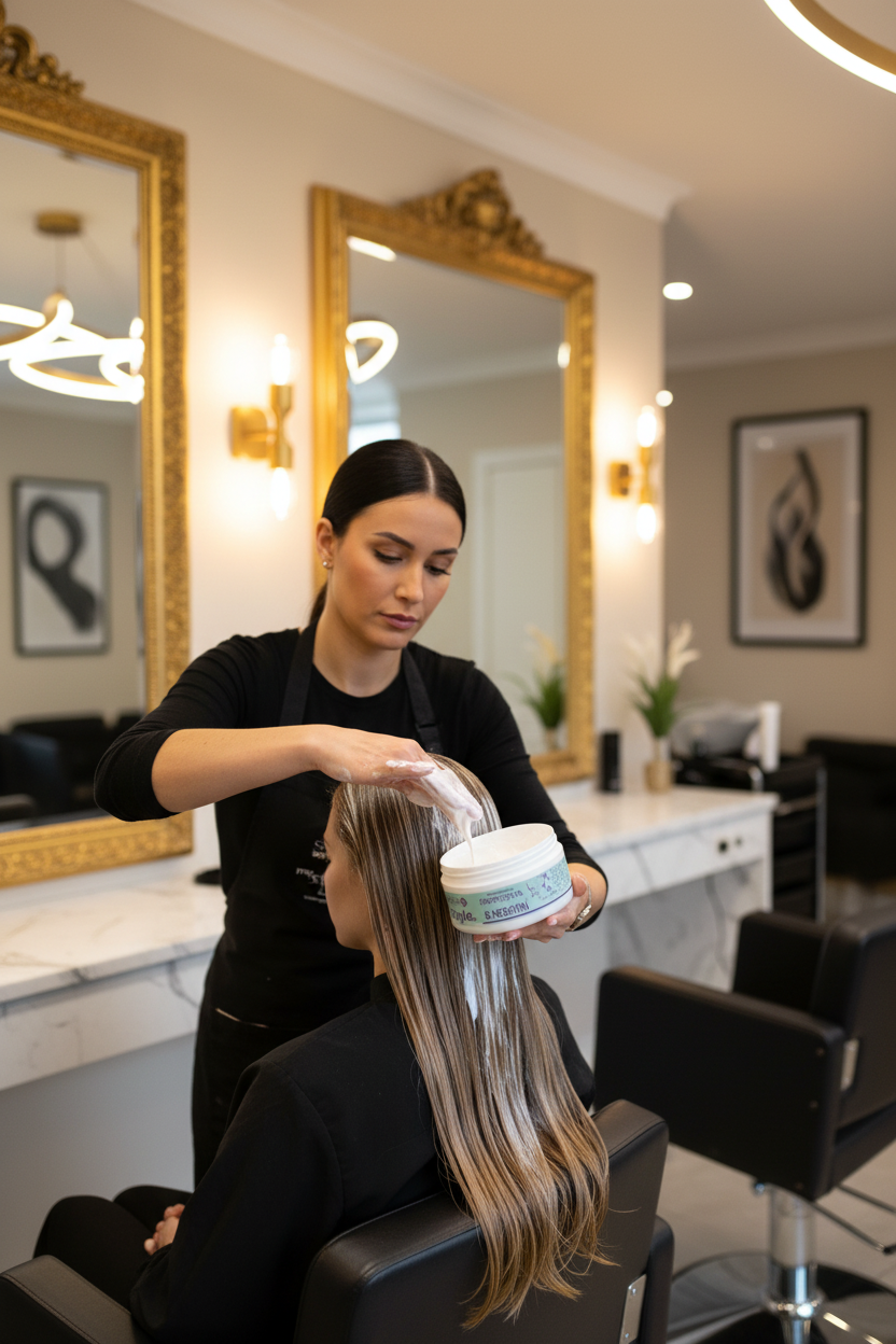 Professional stylist scooping Sarah K nourishing mask and applying to client hair in salon