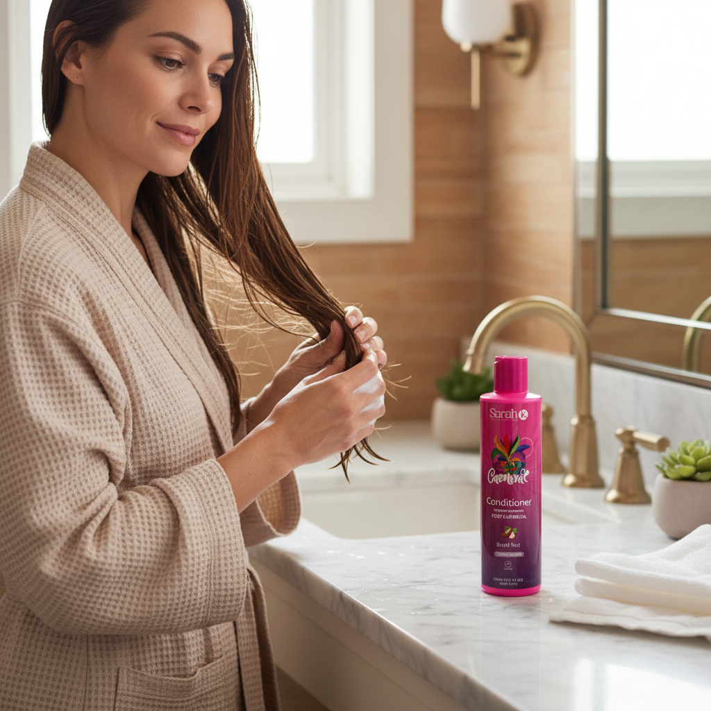 Woman applying Sarah K Carnival Conditioner at home in bathroom