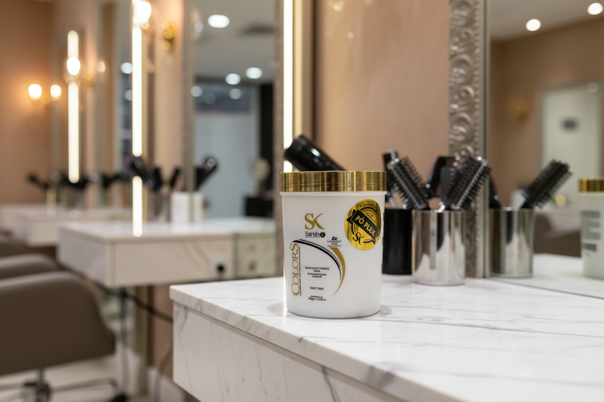 SK Colors bleaching powder tub on marble salon station counter