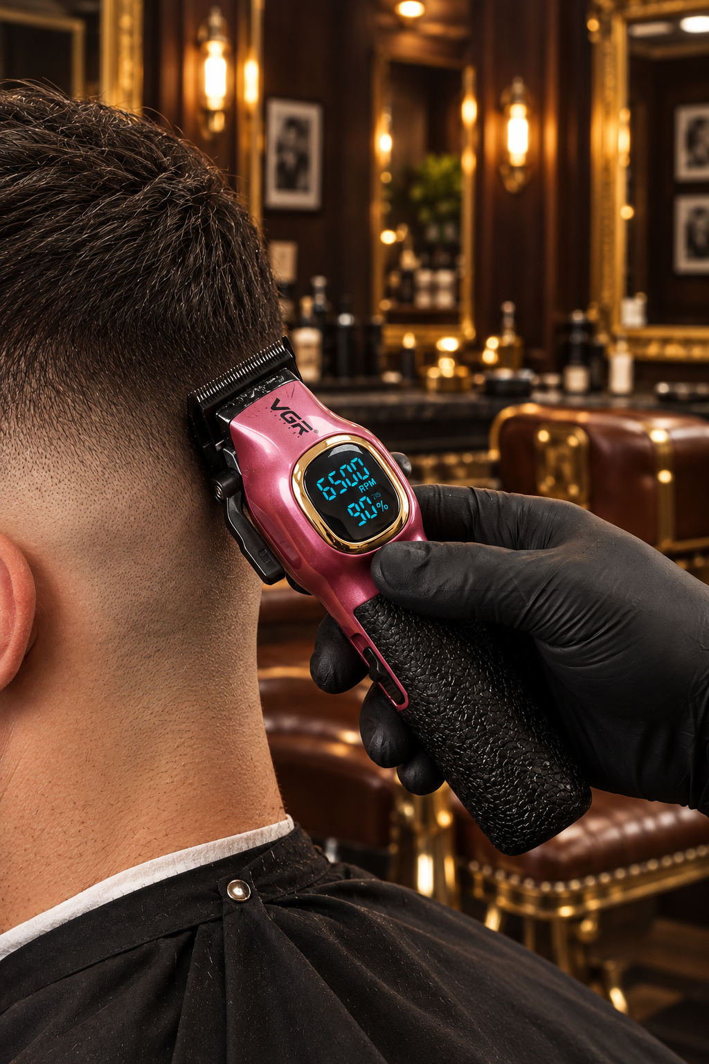 Barber using the VGR pink clipper on a client in an upscale barber shop