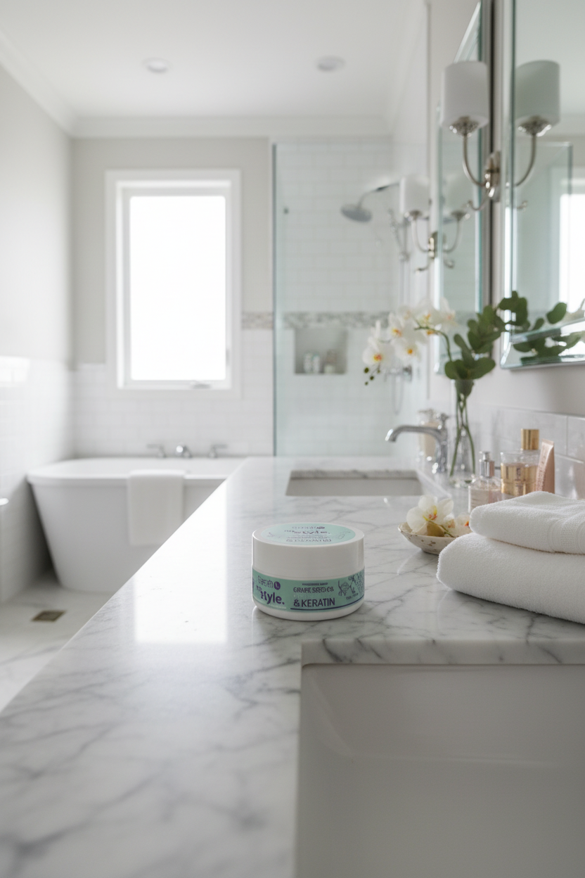 Sarah K My Style Nourishing Mask jar on luxury home bathroom marble vanity