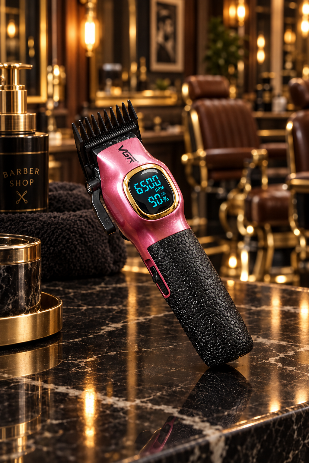 VGR pink cordless clipper on a marble counter in a luxury barber shop