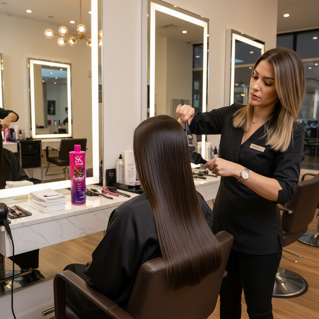 Professional stylist applying Sarah K Brazilian Protein treatment in luxury salon