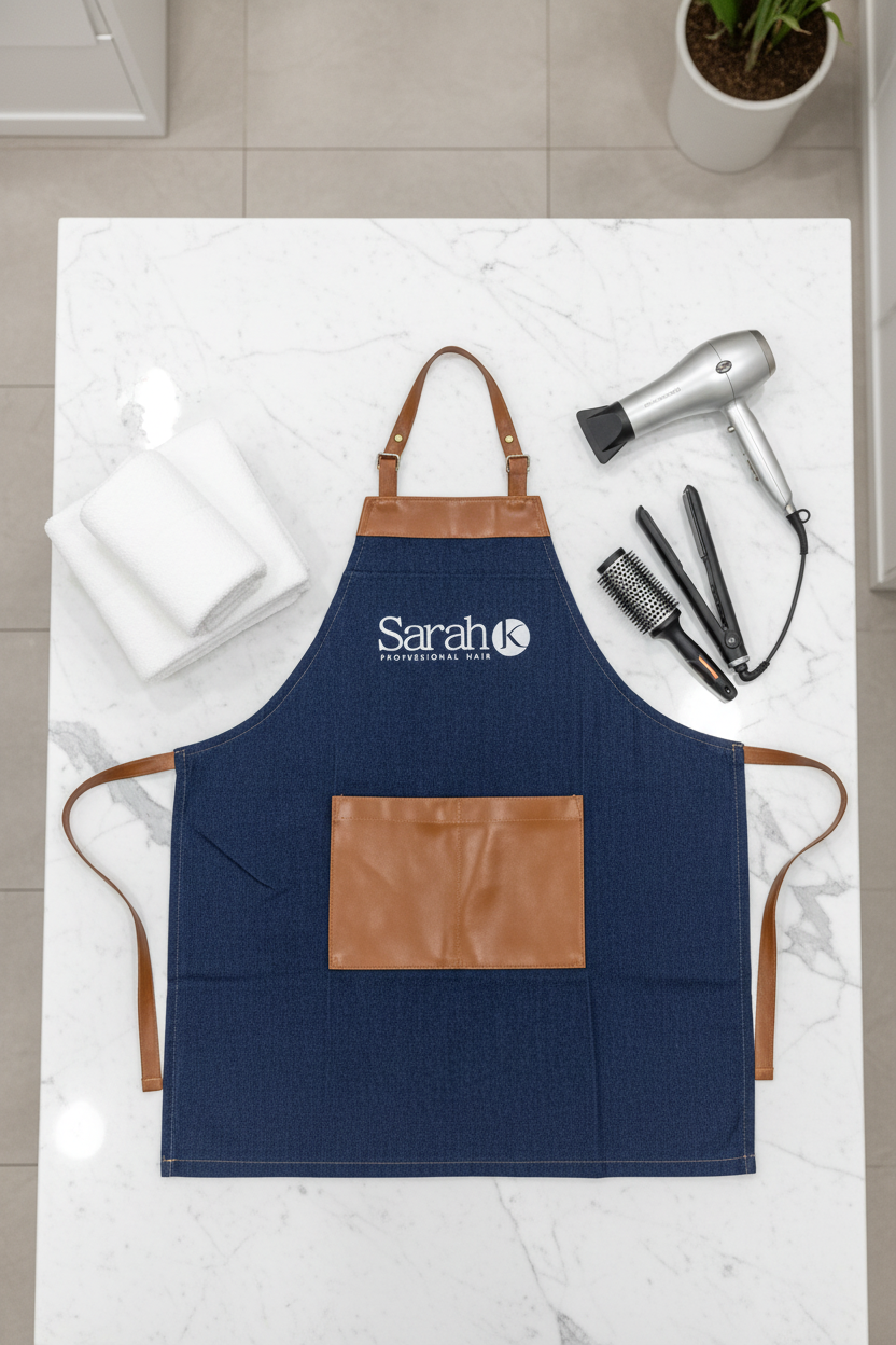 Sarah K Blue Jean Apron flat lay on marble