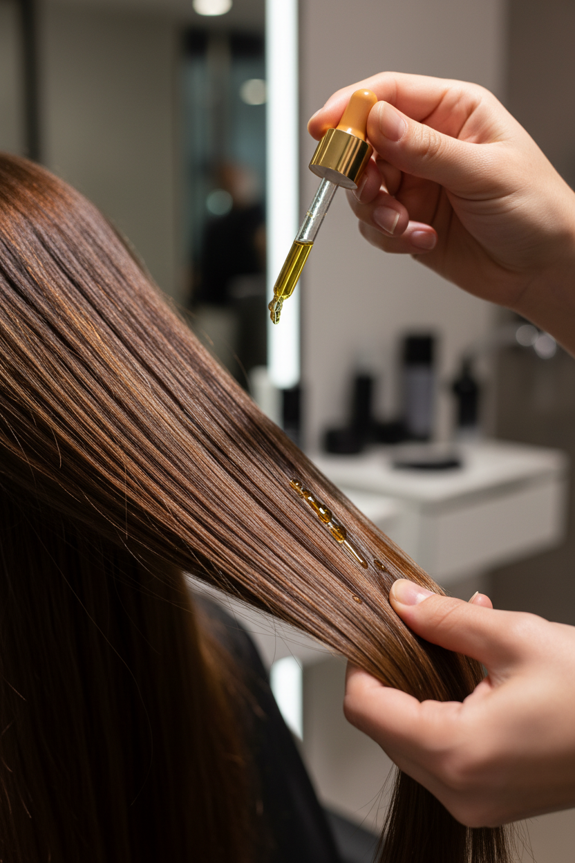Close-up of colorist applying Sarah K Legendary Oils drops to shiny hair in salon