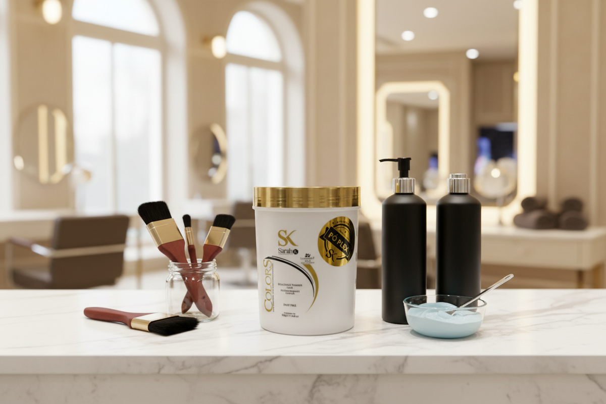 SK Colors bleaching powder displayed on luxury salon vanity shelf with professional tools