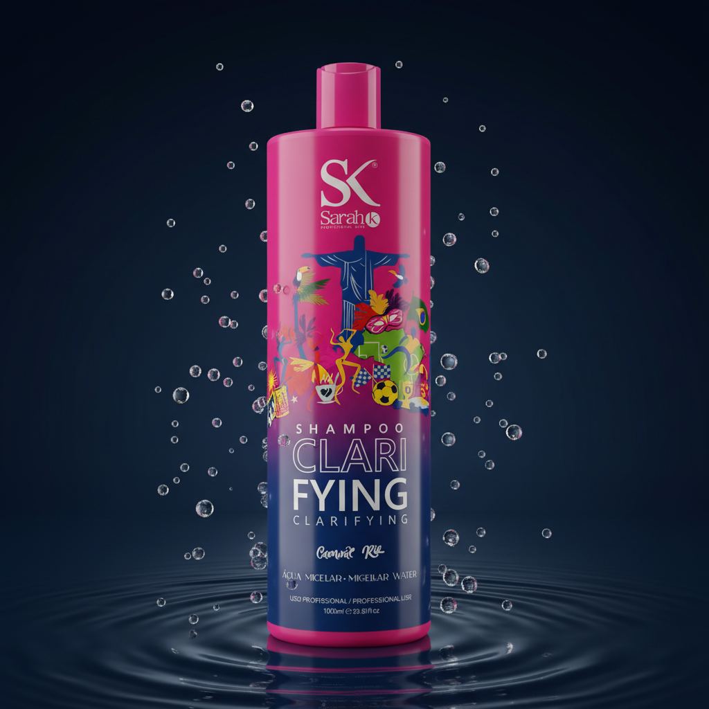 Sarah K Clarifying Shampoo with dark navy background and water droplets