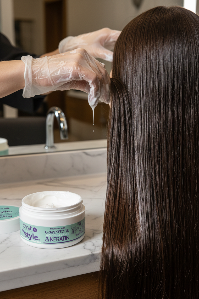 Close-up of stylist working Sarah K nourishing mask through client hair in luxury salon