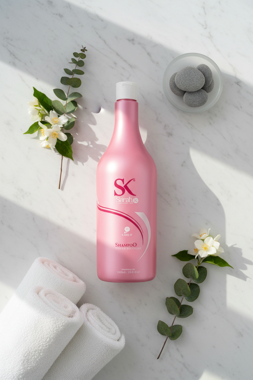 Sarah K Treatment Shampoo flat lay marble salon