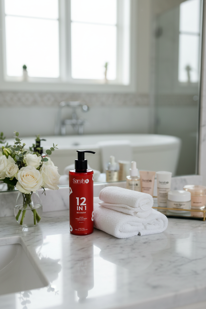 Sarah K 12 in 1 BB Cream on luxury home bathroom vanity