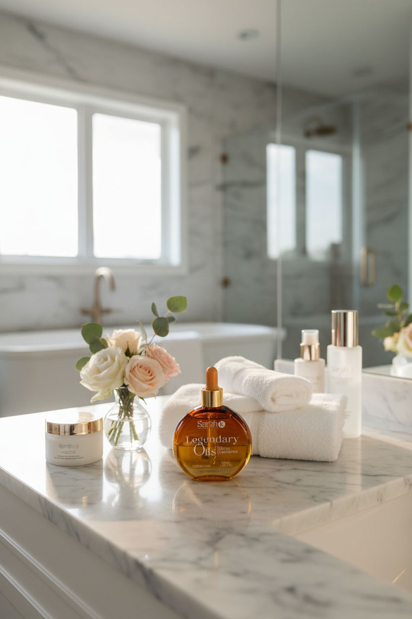 Sarah K Legendary Oils bottle on luxury home bathroom marble vanity