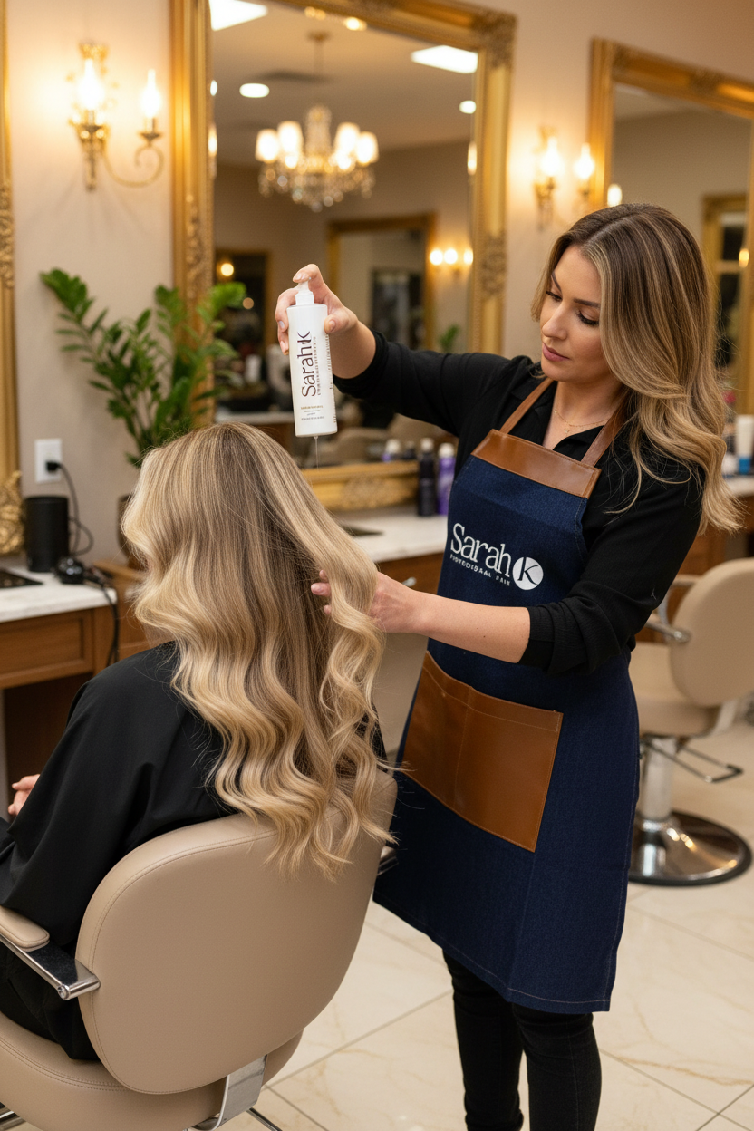 Stylist wearing Sarah K Blue Jean Apron in use at salon