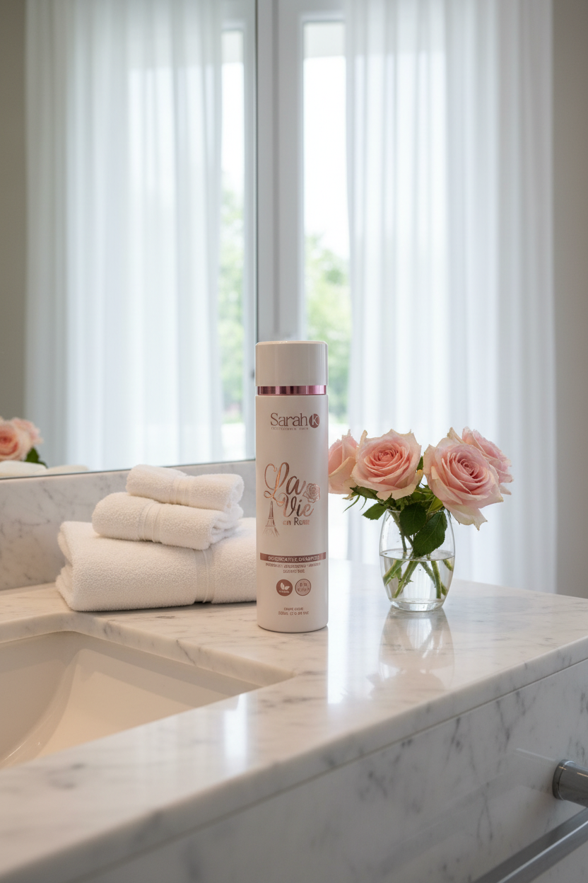 Sarah K La Vie en Rose Shampoo in home bathroom setting