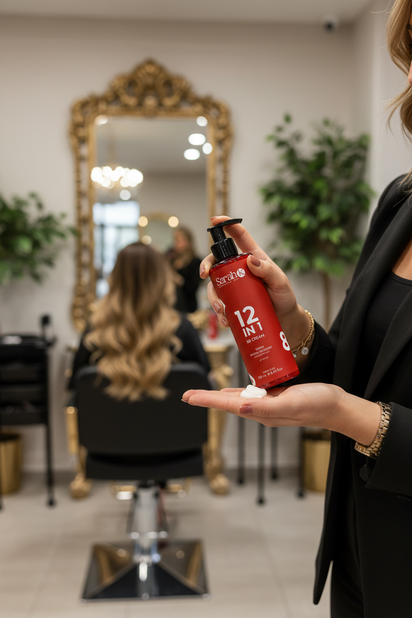 Professional stylist pumping Sarah K BB Cream in luxury salon