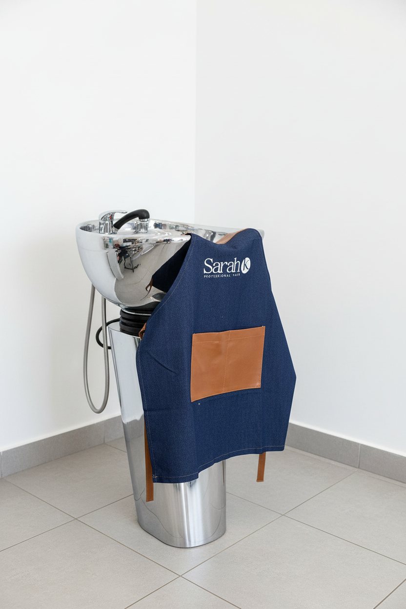 Sarah K Blue Jean Apron beside salon wash basin