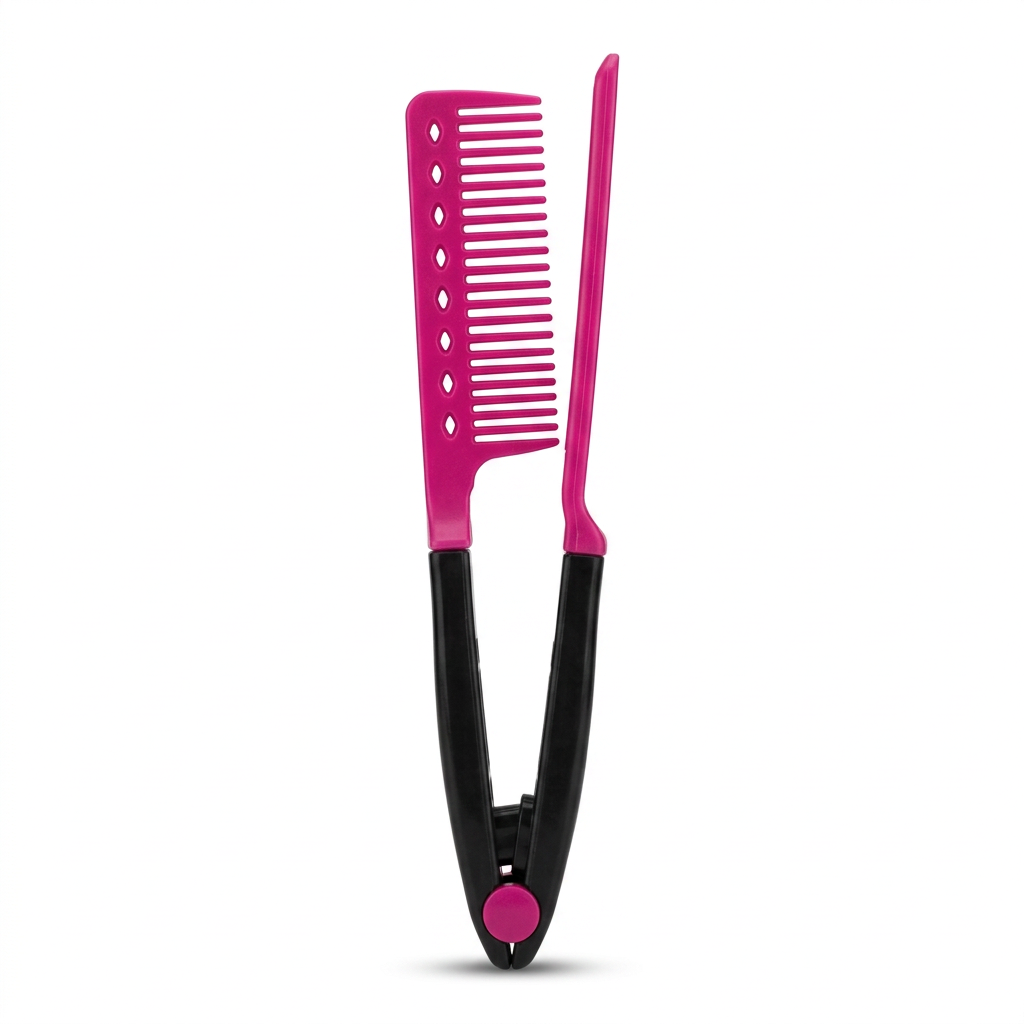 Pink and black professional flat iron straightening comb guide on white background