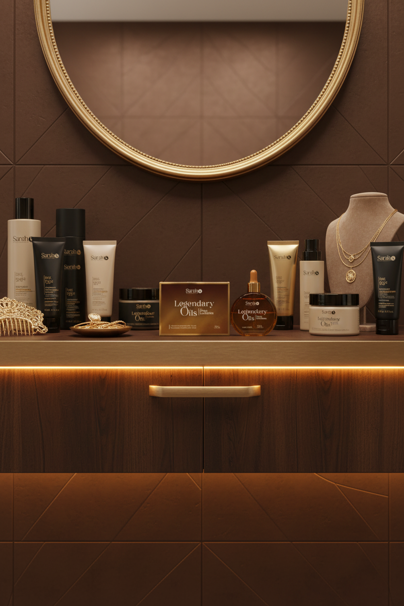 Sarah K Legendary Oils box and bottle displayed on luxury salon vanity shelf