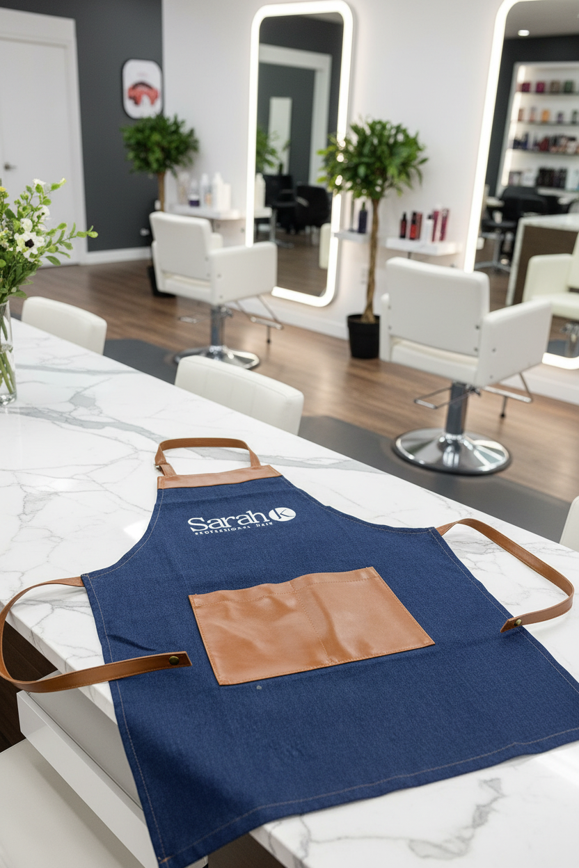 Sarah K Blue Jean Apron on salon marble countertop