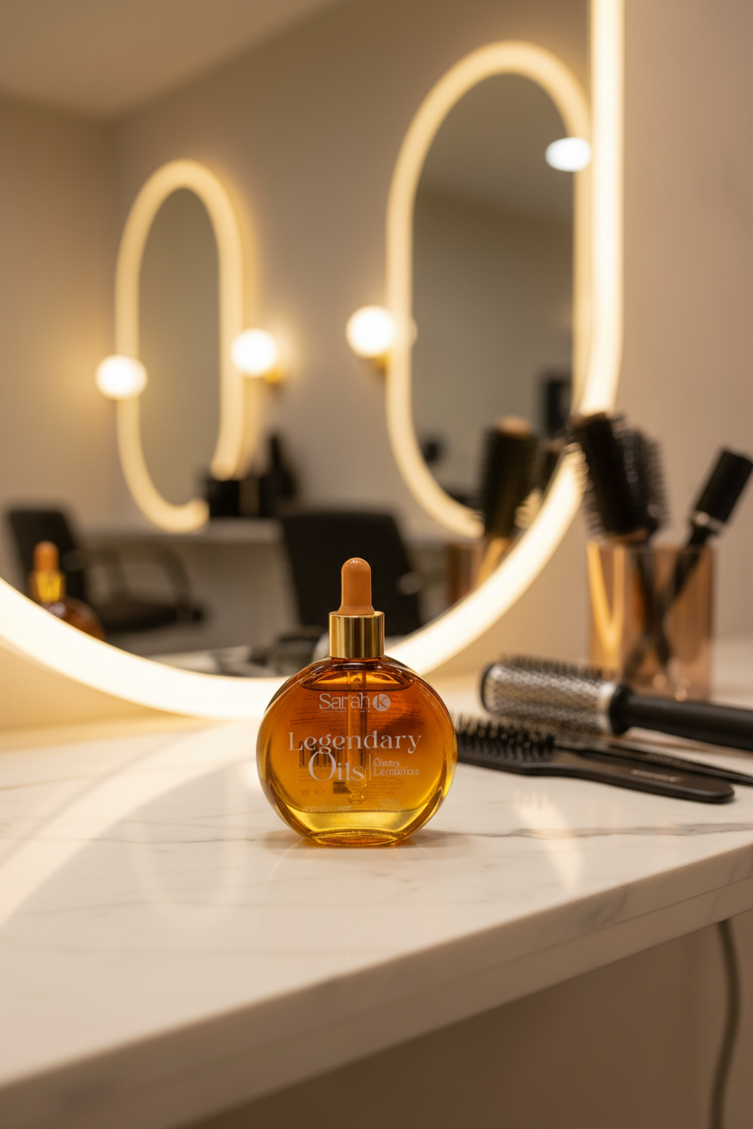 Sarah K Legendary Oils bottle on marble salon station in luxury salon
