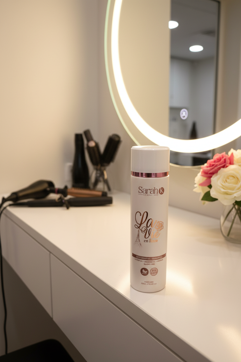 Sarah K La Vie en Rose Shampoo on salon vanity with roses