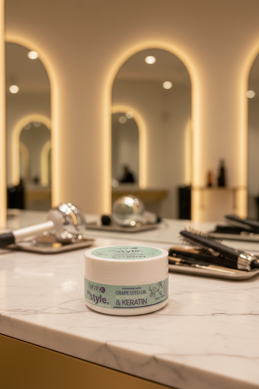 Sarah K My Style Nourishing Mask jar on marble salon station in luxury salon