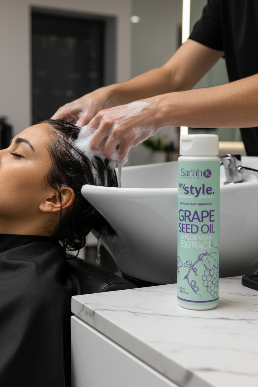 Close-up of stylist massaging Sarah K shampoo into client scalp in luxury salon