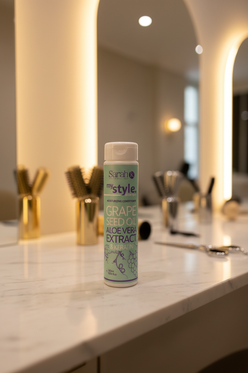 Sarah K My Style Conditioner on marble salon station in luxury salon